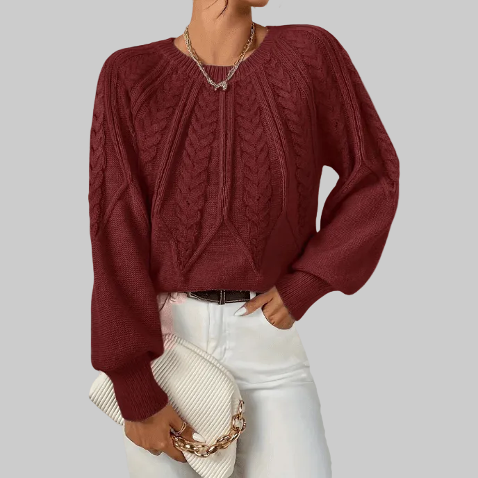 Cable Knit Sweater with Puff Sleeves and Round Neckline