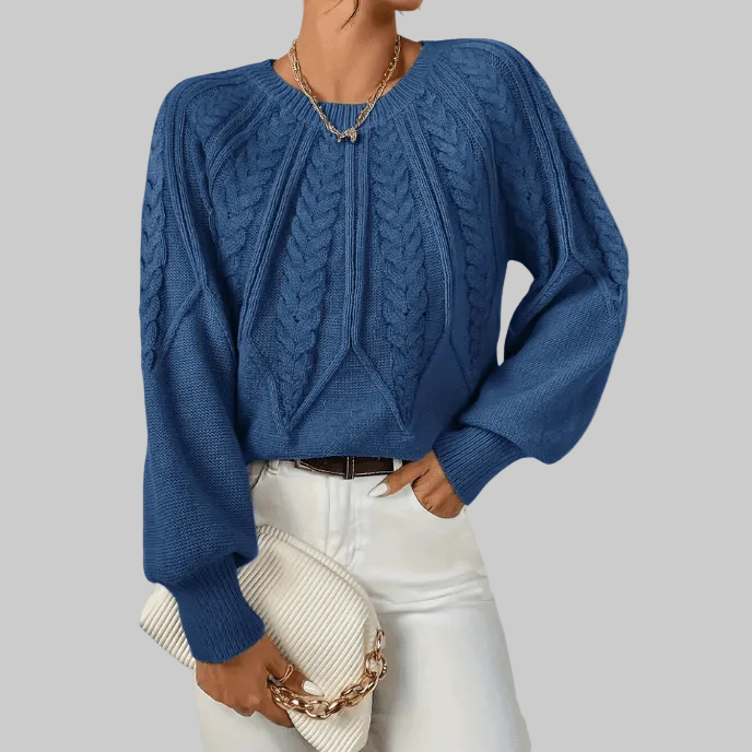Cable Knit Sweater with Puff Sleeves and Round Neckline