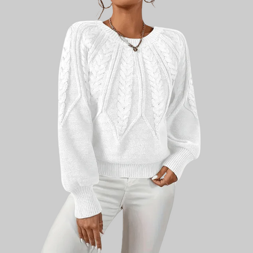 Cable Knit Sweater with Puff Sleeves and Round Neckline