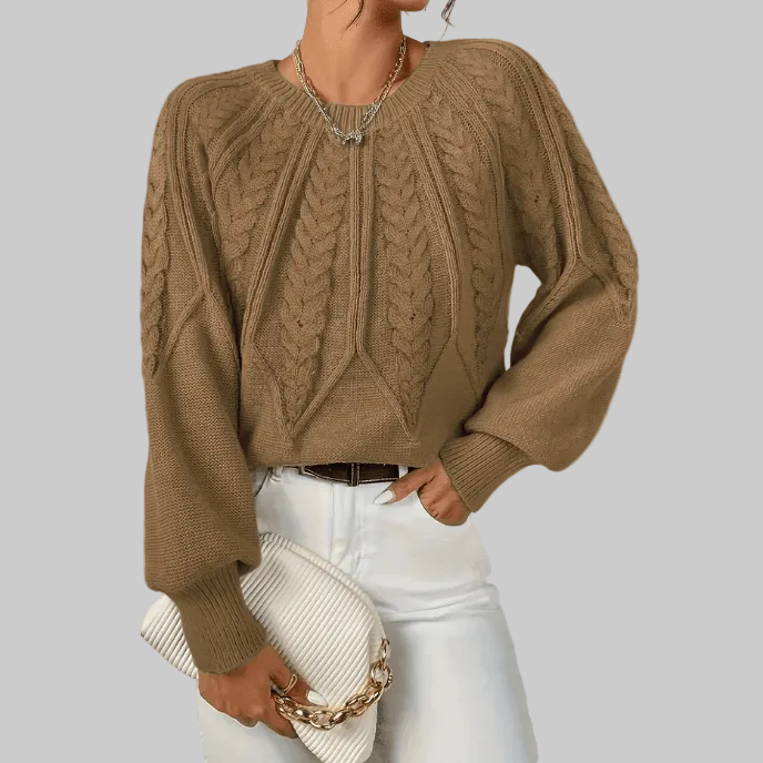 Cable Knit Sweater with Puff Sleeves and Round Neckline