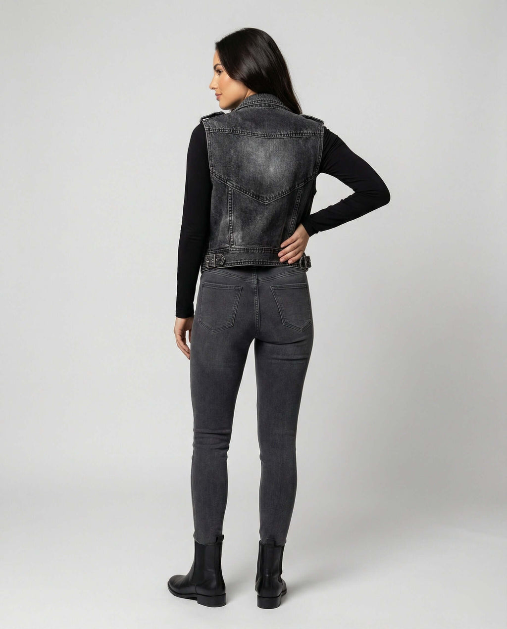 Dark Wash Denim Biker Gilet with Adjustable Waist Belt