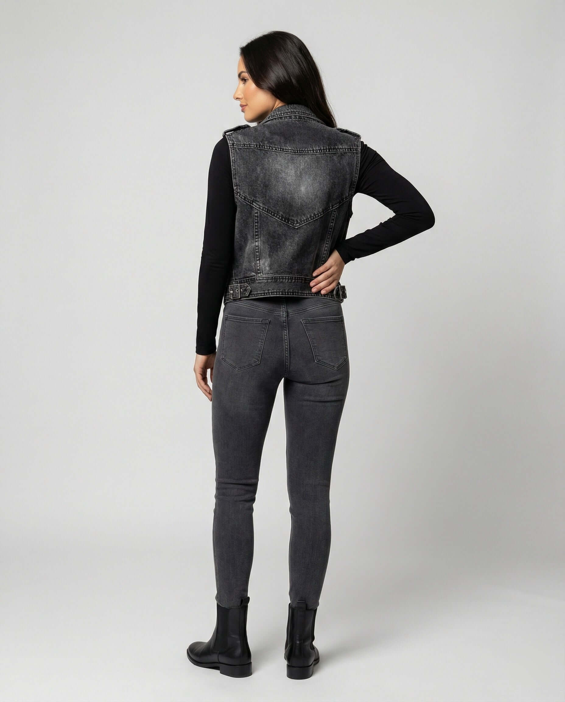 Dark Wash Denim Biker Gilet with Adjustable Waist Belt