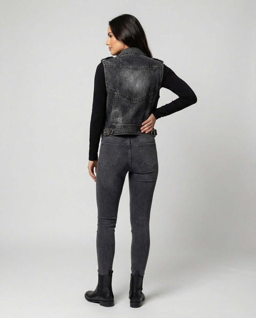 Dark Wash Denim Biker Gilet with Adjustable Waist Belt