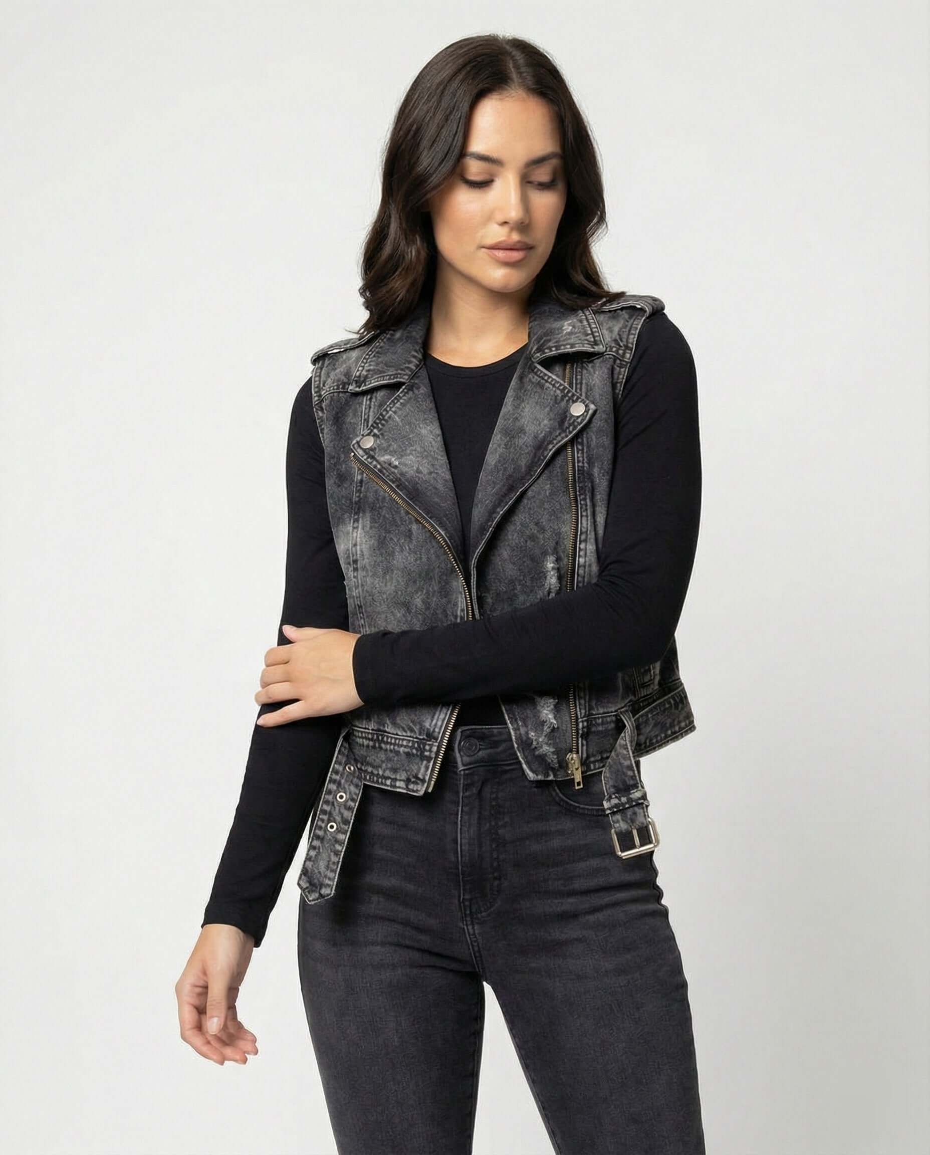 Dark Wash Denim Biker Gilet with Adjustable Waist Belt