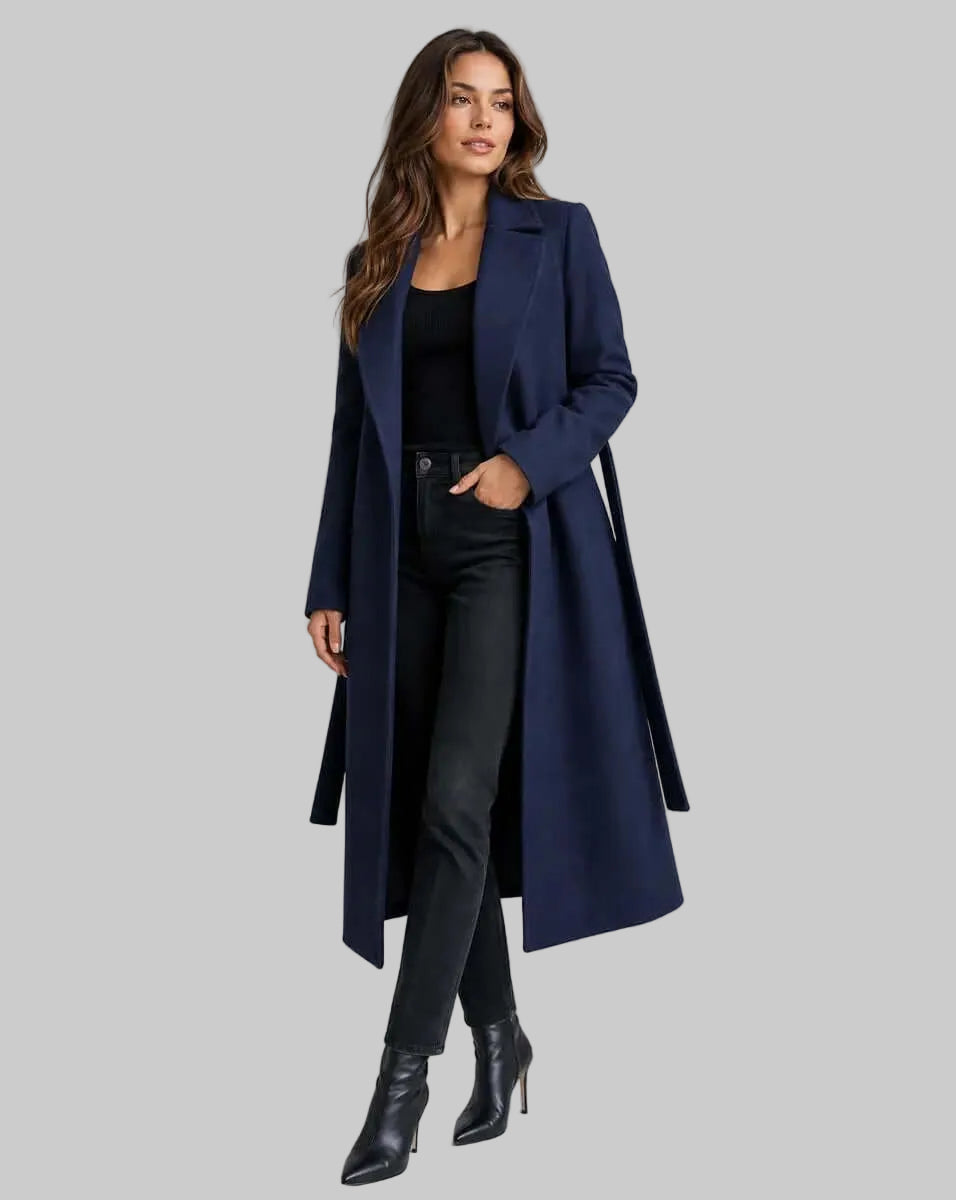 Long-Line Belted Trench Coat with Notched Lapel