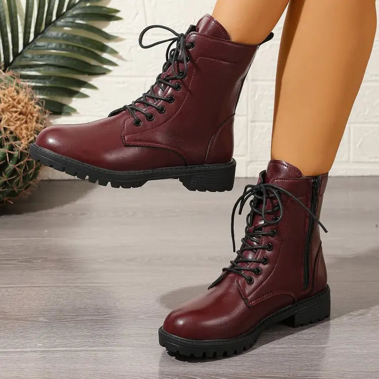 Women's Ankle Boots | Leather-Look, Side Lace Detail, Zip Closure, Wine Red 0