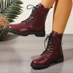 Women's Ankle Boots | Leather-Look, Side Lace Detail, Zip Closure, Wine Red 0