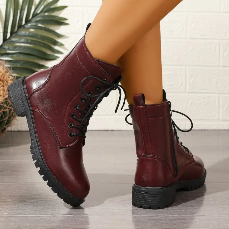 Women's Ankle Boots | Leather-Look, Side Lace Detail, Zip Closure, Wine Red 3