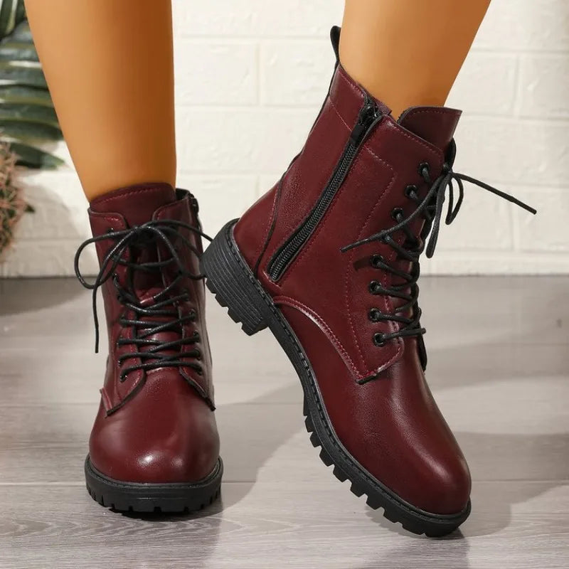 Women's Ankle Boots | Leather-Look, Side Lace Detail, Zip Closure, Wine Red 5