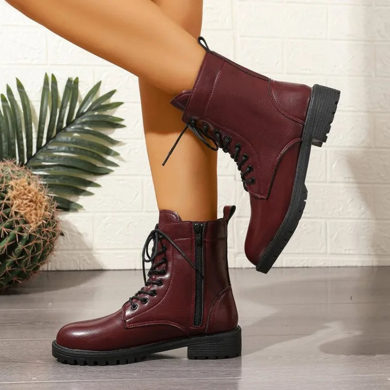 Women's Ankle Boots | Leather-Look, Side Lace Detail, Zip Closure, Wine Red 6