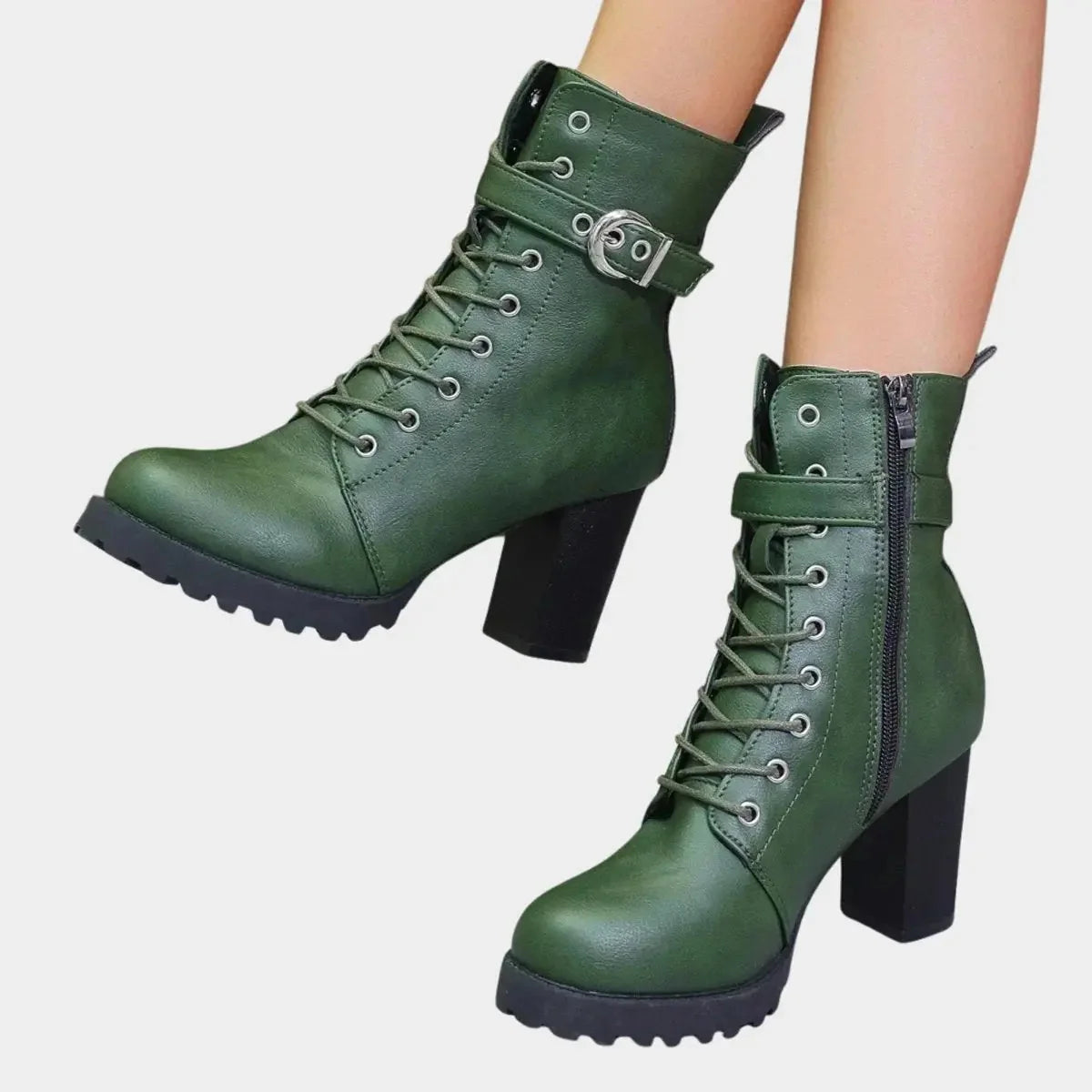 Women's Black Ankle Boots | Lace-Up, Buckle Strap, Chunky Block Heel 1
