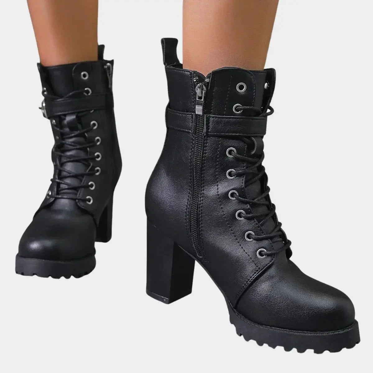Women's Black Ankle Boots | Lace-Up, Buckle Strap, Chunky Block Heel 2