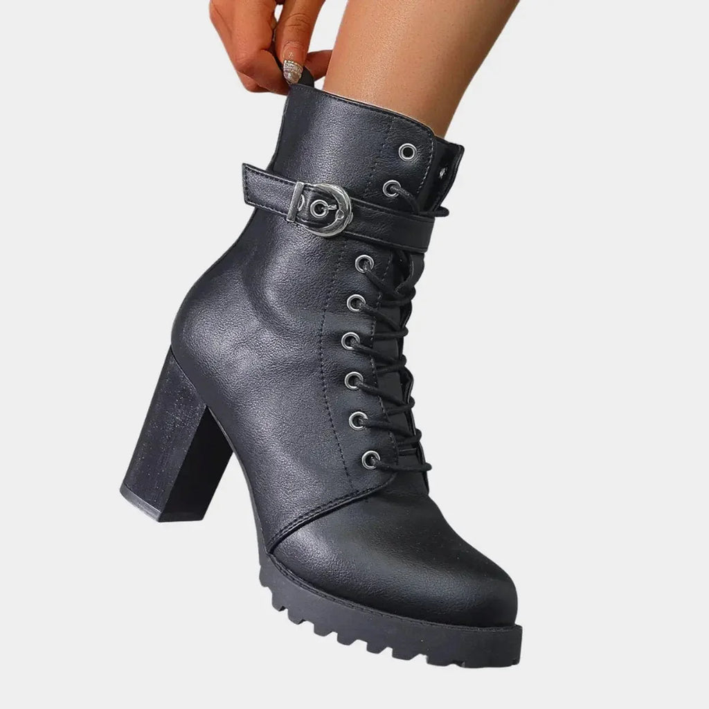 Women's Black Ankle Boots | Lace-Up, Buckle Strap, Chunky Block Heel 4