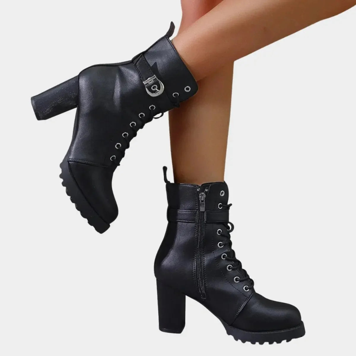 Women's Black Ankle Boots | Lace-Up, Buckle Strap, Chunky Block Heel 5