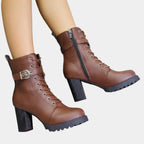 Women's Black Ankle Boots | Lace-Up, Buckle Strap, Chunky Block Heel 7