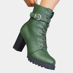 Women's Black Ankle Boots | Lace-Up, Buckle Strap, Chunky Block Heel 8