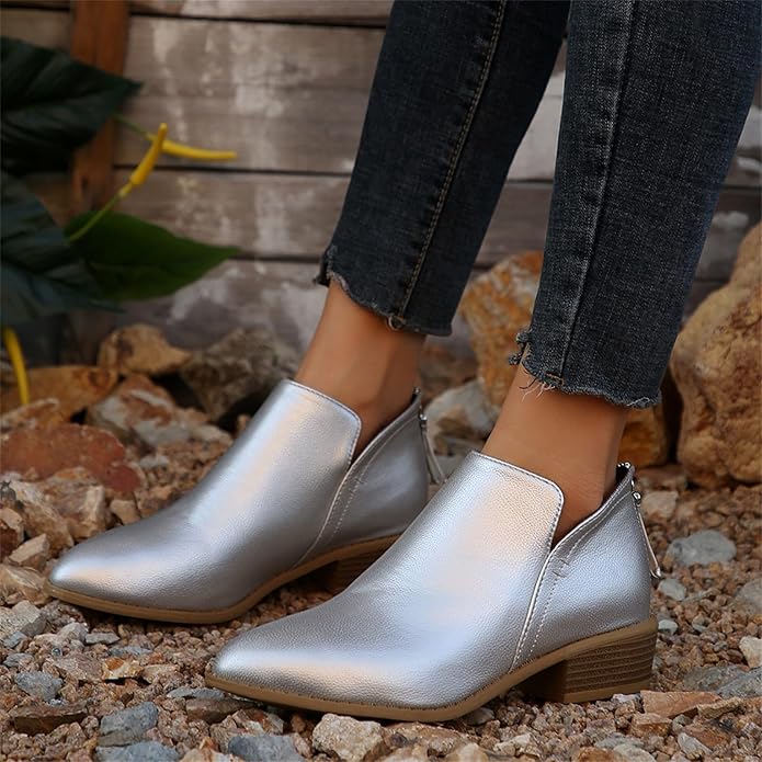 Women's Black Ankle Boots | Leather-Look Slip-On, Low Block Heel Booties 10