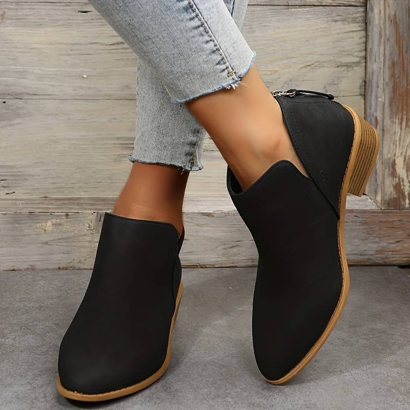 Women's Black Ankle Boots | Leather-Look Slip-On, Low Block Heel Booties 3