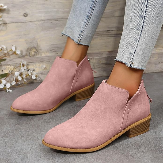 Women's Black Ankle Boots | Leather-Look Slip-On, Low Block Heel Booties 4