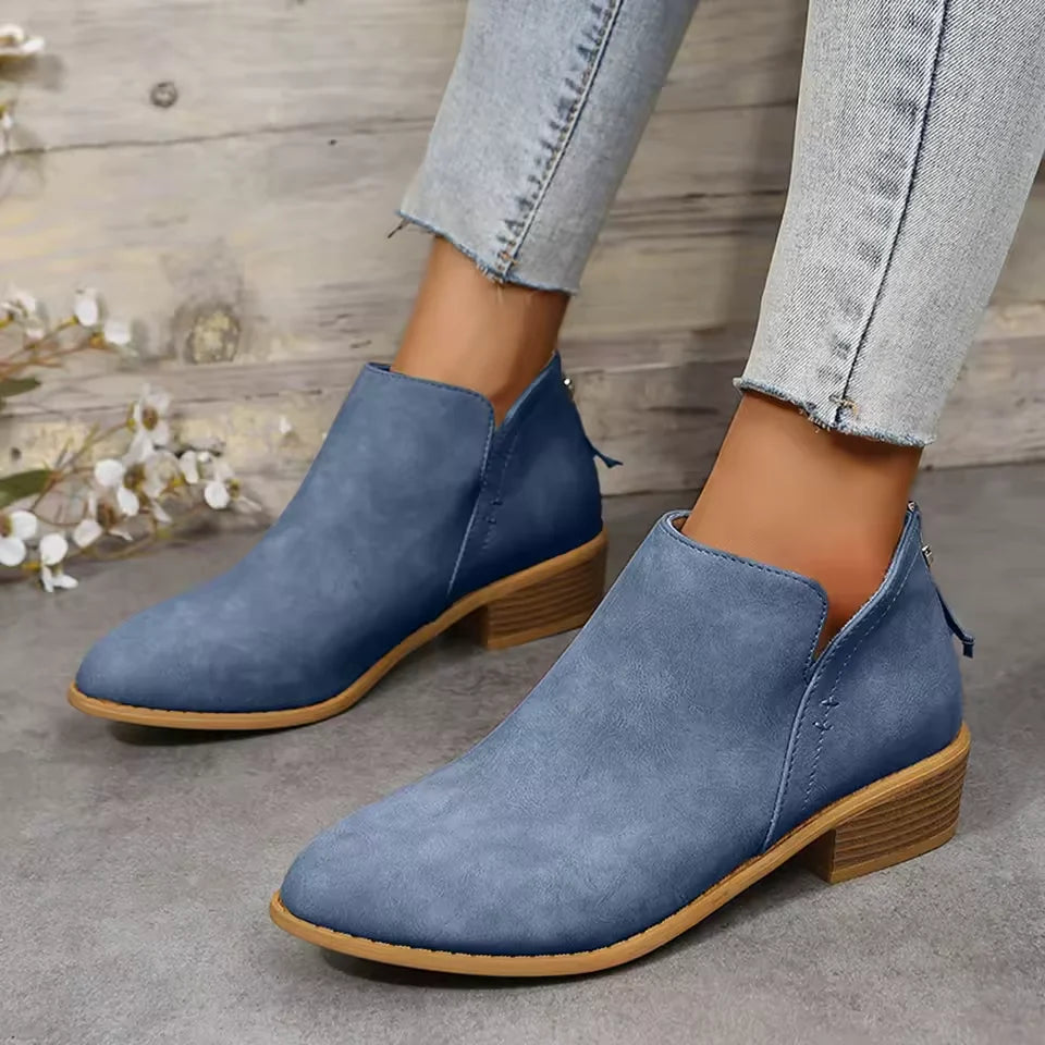 Women's Black Ankle Boots | Leather-Look Slip-On, Low Block Heel Booties 7