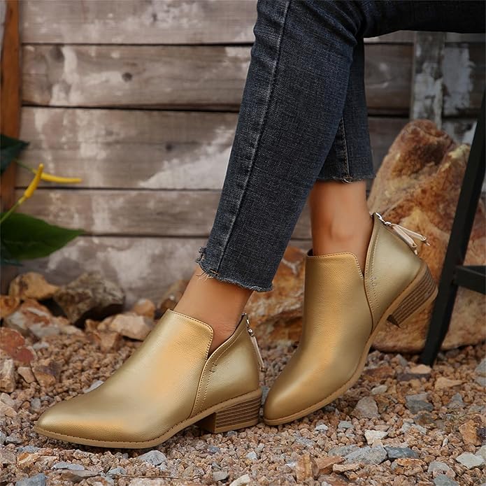 Women's Black Ankle Boots | Leather-Look Slip-On, Low Block Heel Booties 8