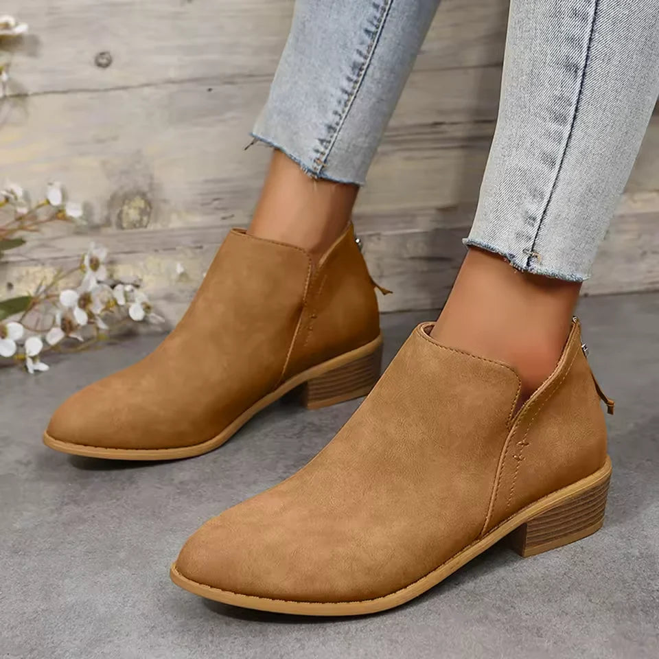 Women's Black Ankle Boots | Leather-Look Slip-On, Low Block Heel Booties 9