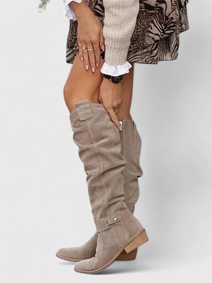 Women's Black Knee High Boots | Low Block Heel, Perforated Shaft 3