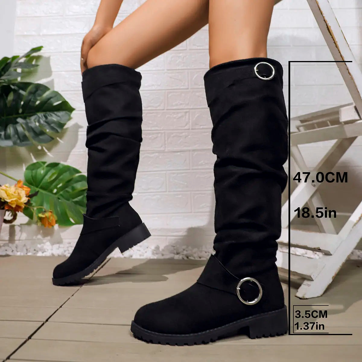 Women's Black Knee High Boots | Slouchy Fit, Buckle Detail, Comfortable Block Sole 0