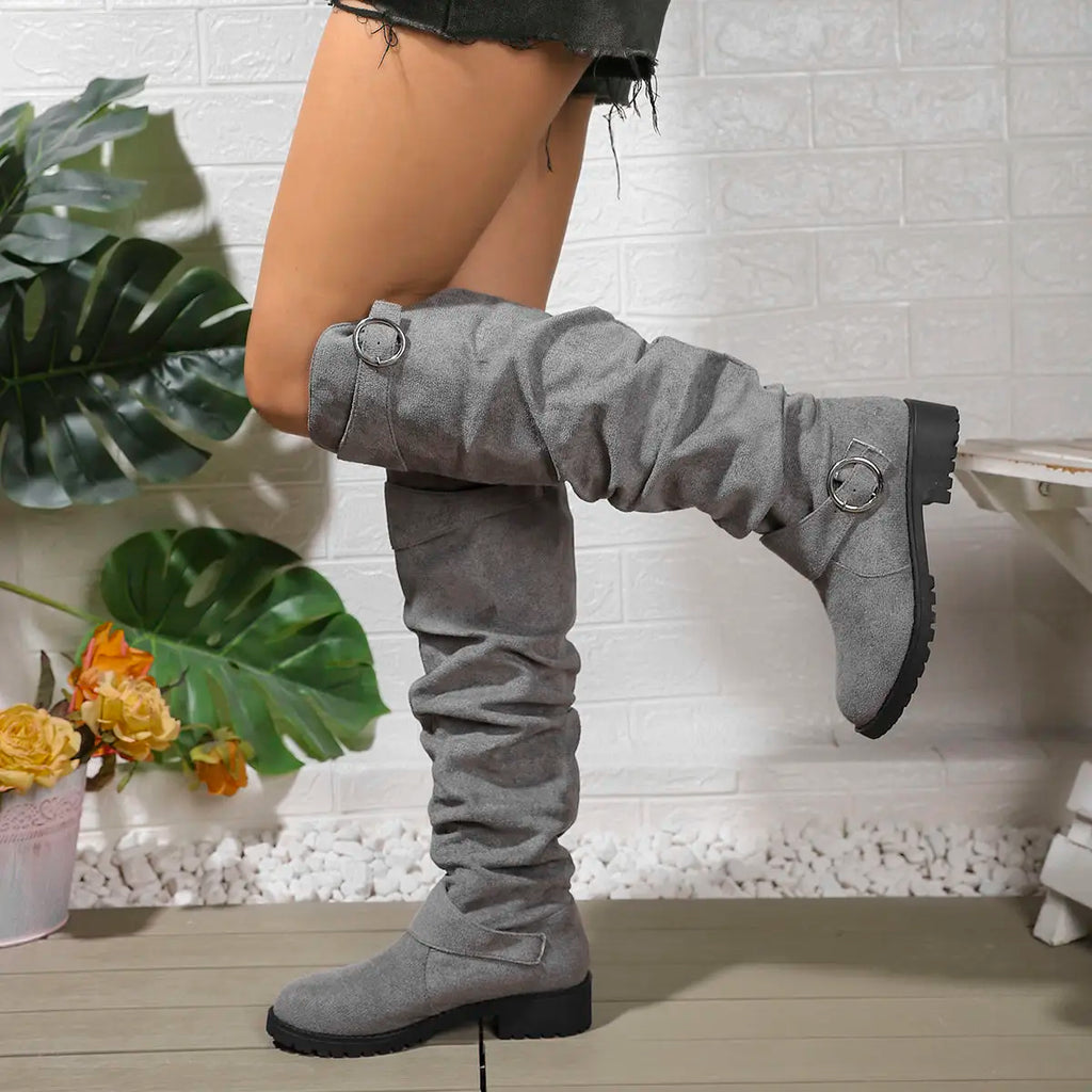 Women's Black Knee High Boots | Slouchy Fit, Buckle Detail, Comfortable Block Sole 1