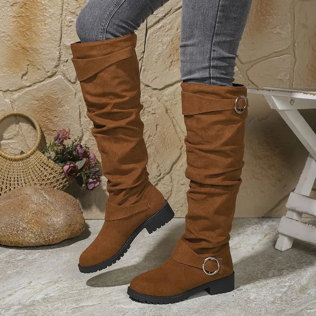 Women's Black Knee High Boots | Slouchy Fit, Buckle Detail, Comfortable Block Sole 2