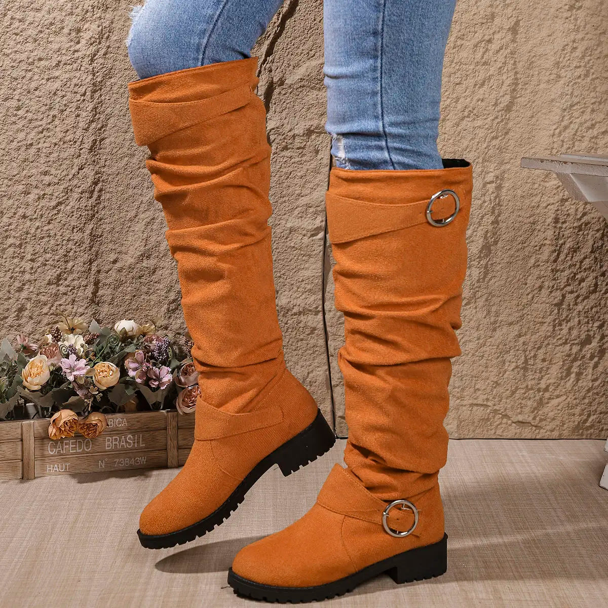 Women's Black Knee High Boots | Slouchy Fit, Buckle Detail, Comfortable Block Sole 4