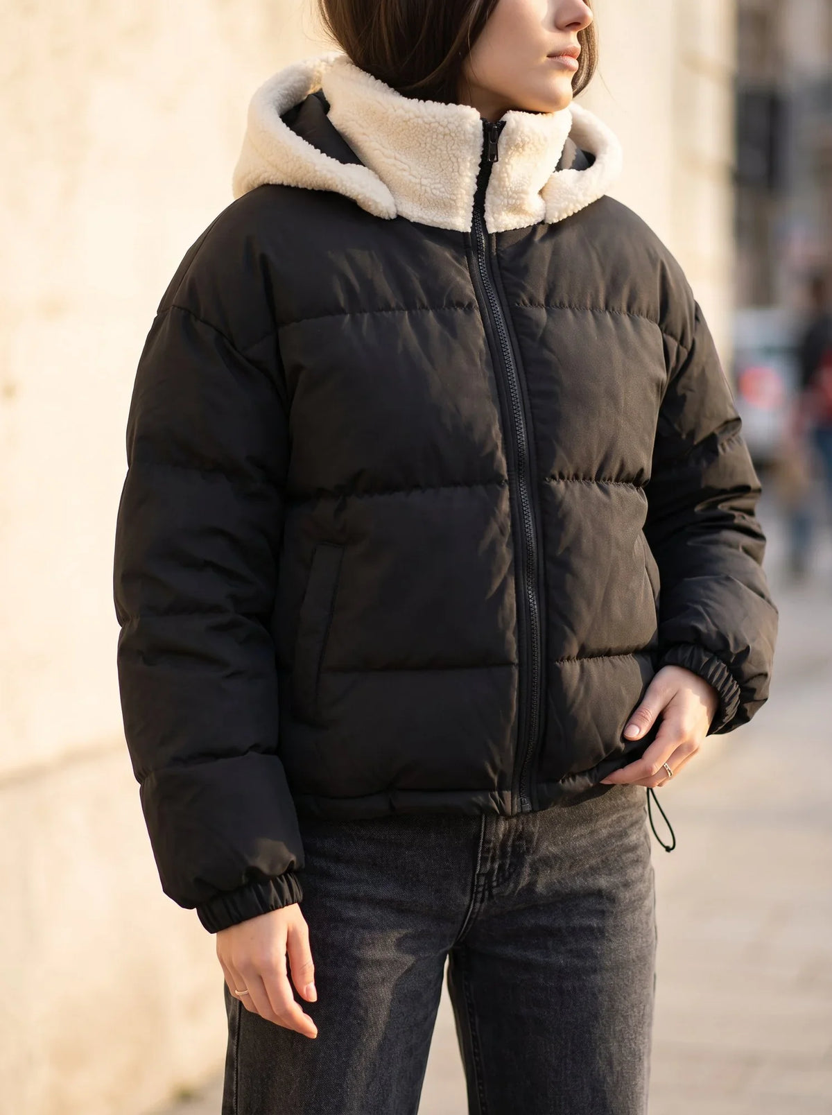 Women's Black Puffer Jacket | Fleece Lined, Boxy Fit, Adjustable Hem 1