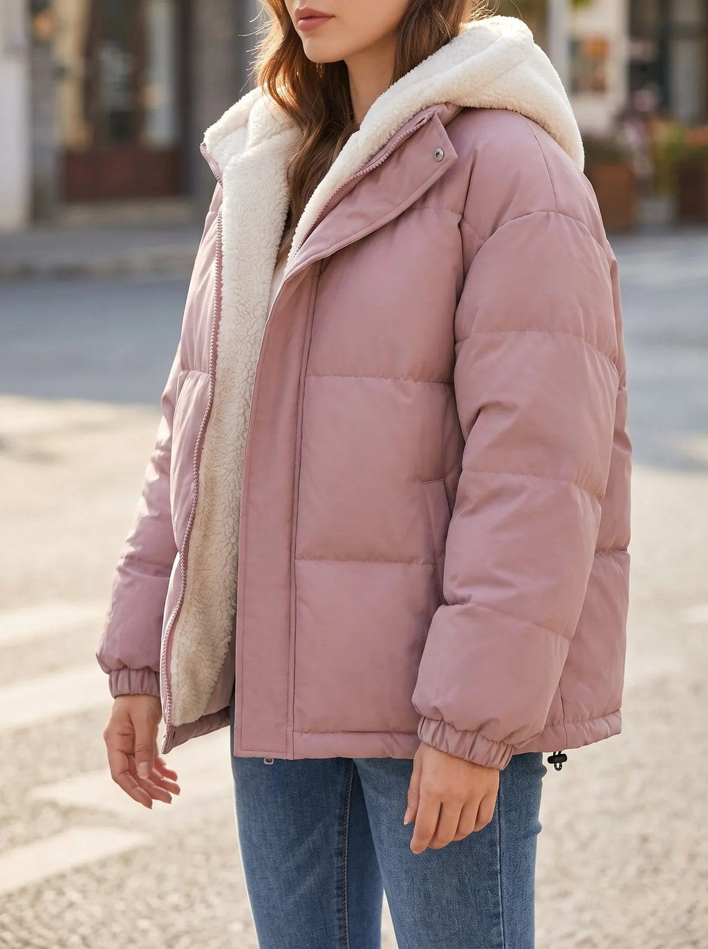 Women's Black Puffer Jacket | Fleece Lined, Boxy Fit, Adjustable Hem 10