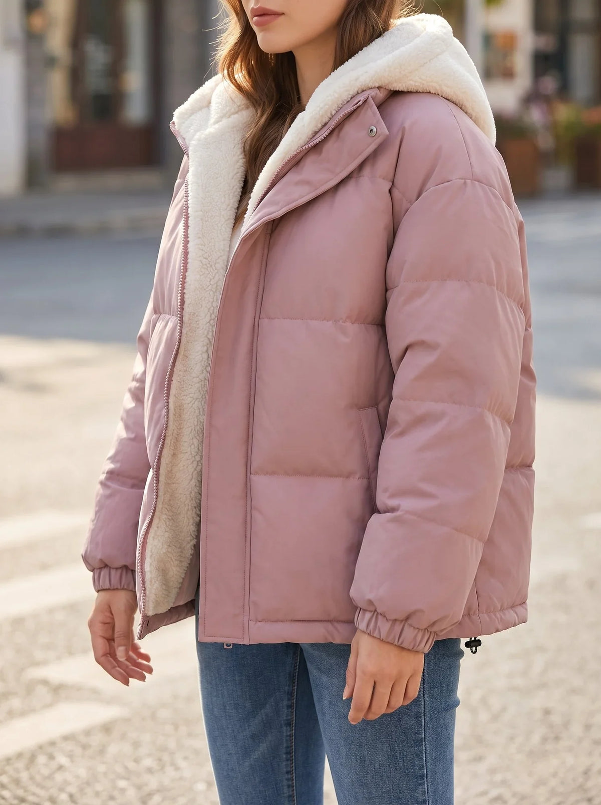 Women's Black Puffer Jacket | Fleece Lined, Boxy Fit, Adjustable Hem 10
