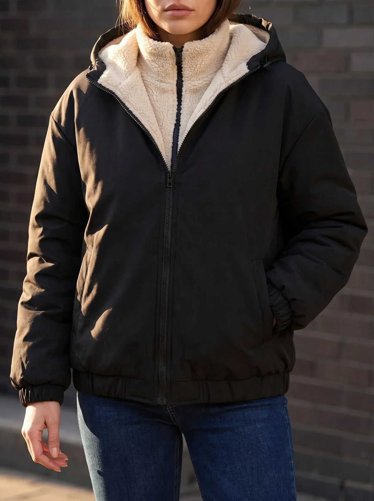 Women's Black Puffer Jacket | Fleece Lined, Boxy Fit, Adjustable Hem 2