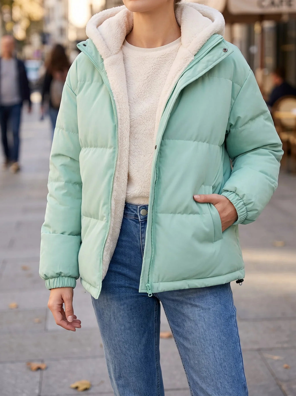 Women's Black Puffer Jacket | Fleece Lined, Boxy Fit, Adjustable Hem 9