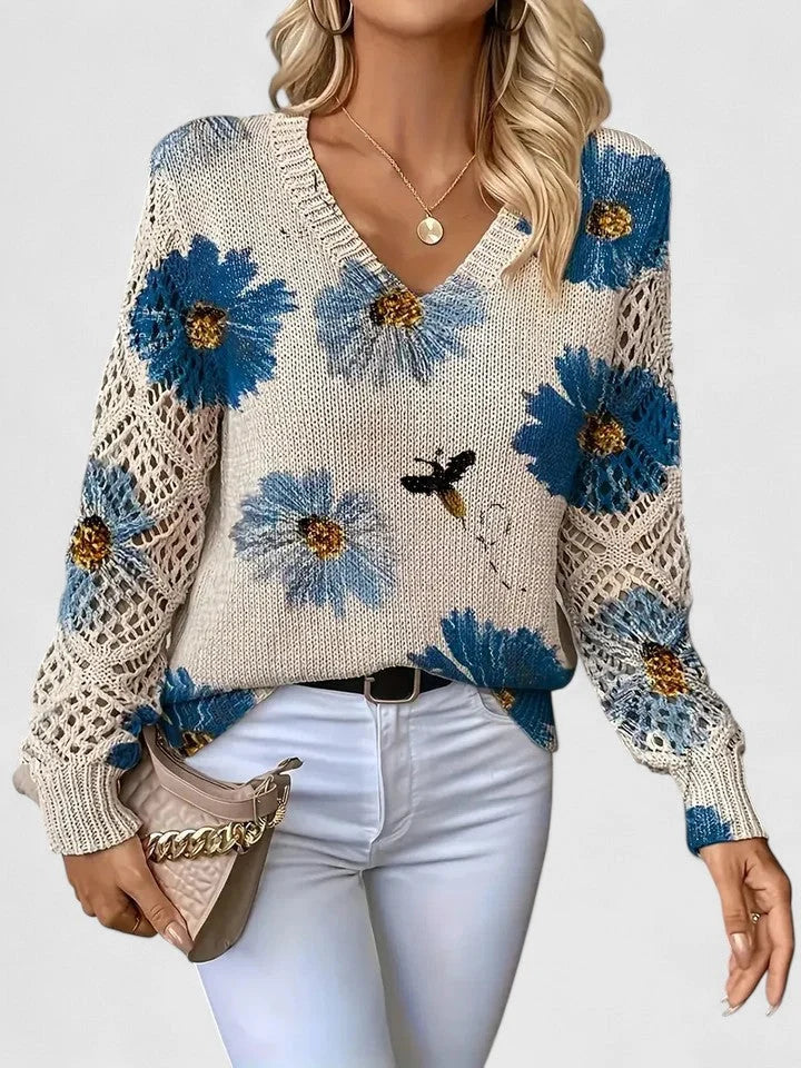 Women's Cardigan | Floral Knit Pattern, Airy Sleeve Weave, V-Neckline 0