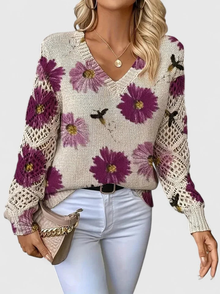 Women's Cardigan | Floral Knit Pattern, Airy Sleeve Weave, V-Neckline 1