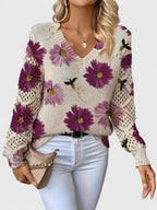 Women's Cardigan | Floral Knit Pattern, Airy Sleeve Weave, V-Neckline 1