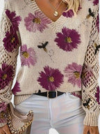 Women's Cardigan | Floral Knit Pattern, Airy Sleeve Weave, V-Neckline 2