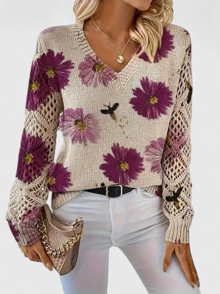 Women's Cardigan | Floral Knit Pattern, Airy Sleeve Weave, V-Neckline 3
