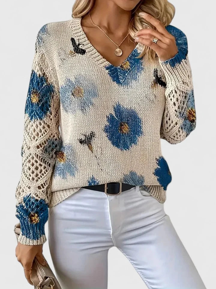 Women's Cardigan | Floral Knit Pattern, Airy Sleeve Weave, V-Neckline 4