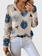 Women's Cardigan | Floral Knit Pattern, Airy Sleeve Weave, V-Neckline 4