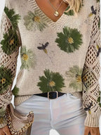 Women's Cardigan | Floral Knit Pattern, Airy Sleeve Weave, V-Neckline 5