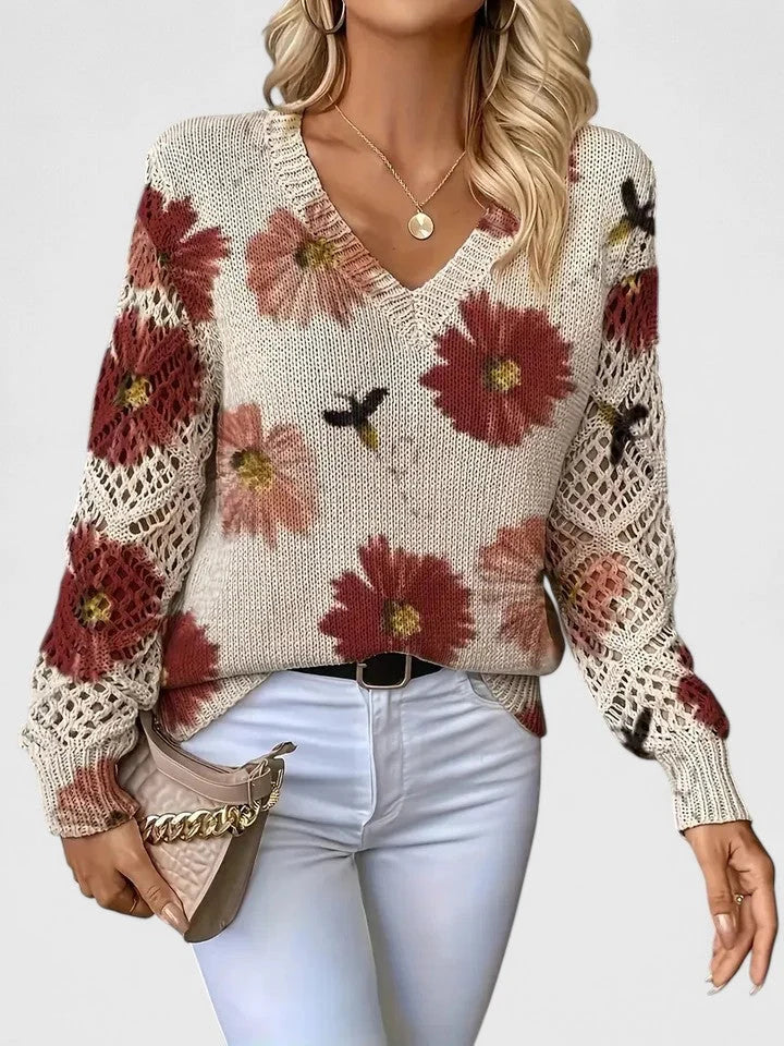 Women's Cardigan | Floral Knit Pattern, Airy Sleeve Weave, V-Neckline 6