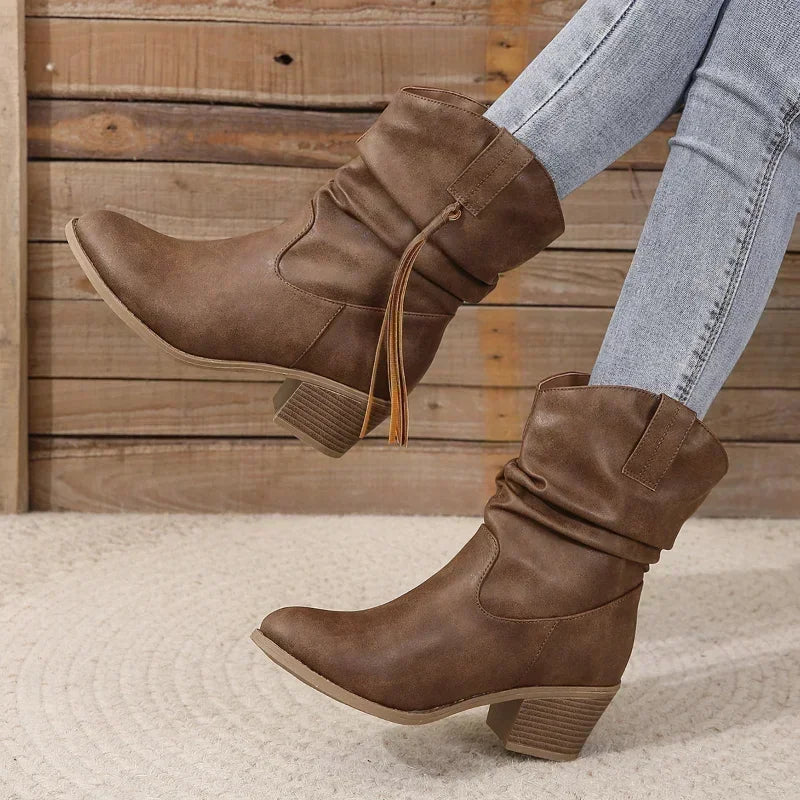 Women's Cowgirl Boots | Leather Look, Water-Resistant, Block Heel 4
