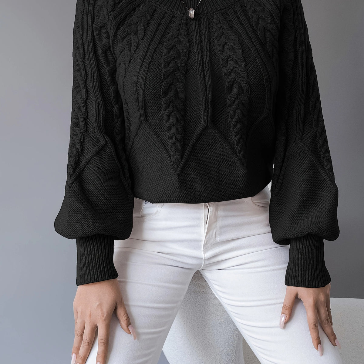 Women's Cropped Jumper | Cable-Knit, Lantern Sleeves, Relaxed Fit 2
