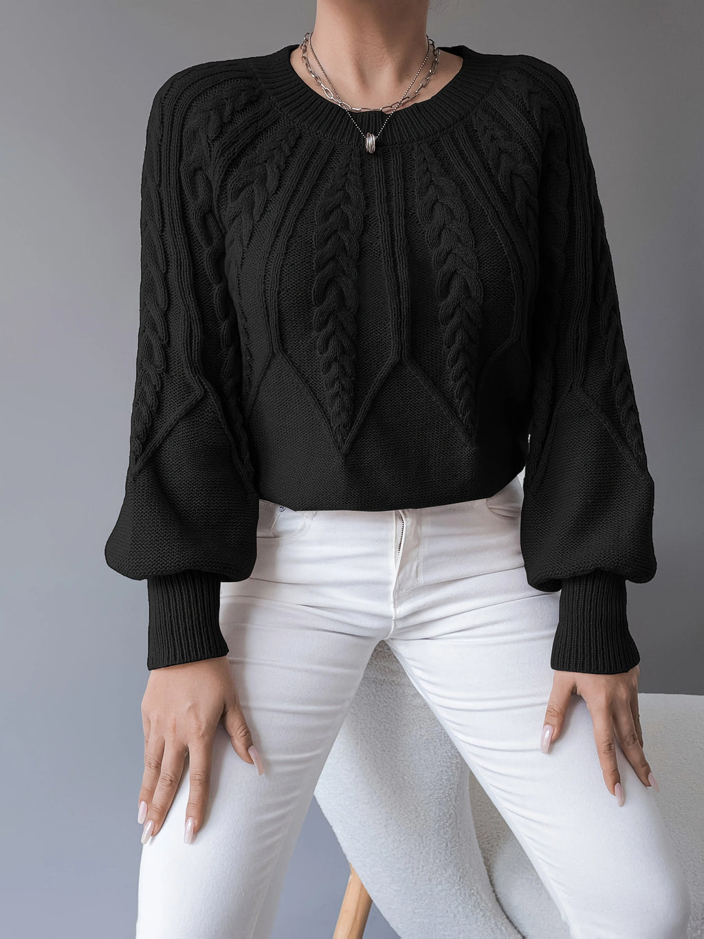 Women's Cropped Jumper | Cable-Knit, Lantern Sleeves, Relaxed Fit 3