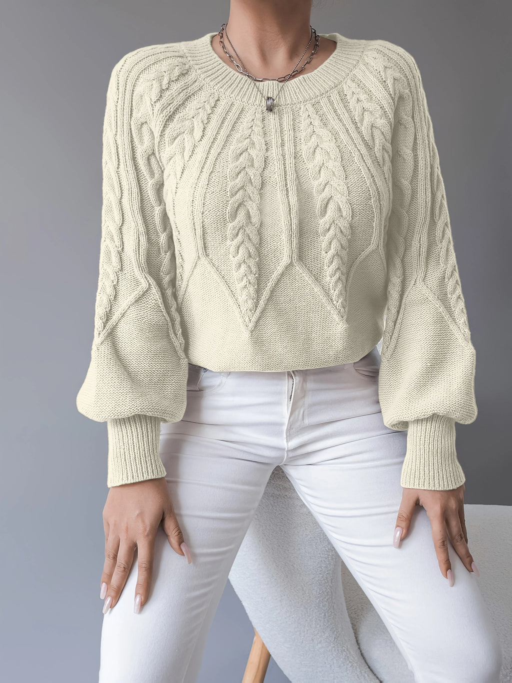 Women's Cropped Jumper | Cable-Knit, Lantern Sleeves, Relaxed Fit 5