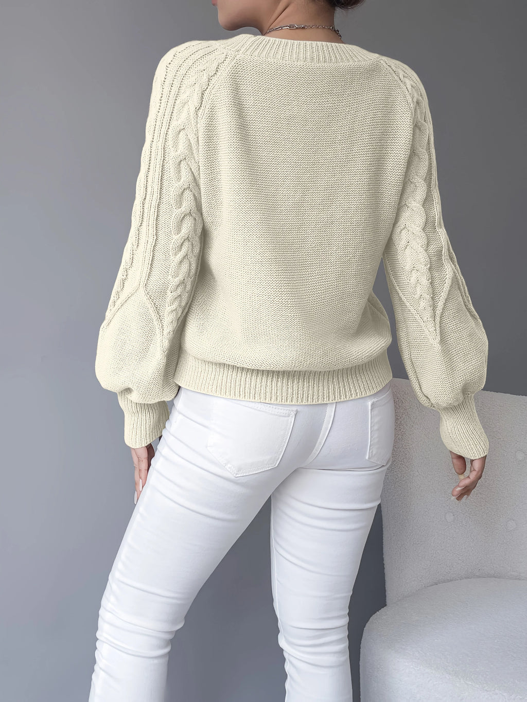 Women's Cropped Jumper | Cable-Knit, Lantern Sleeves, Relaxed Fit 7